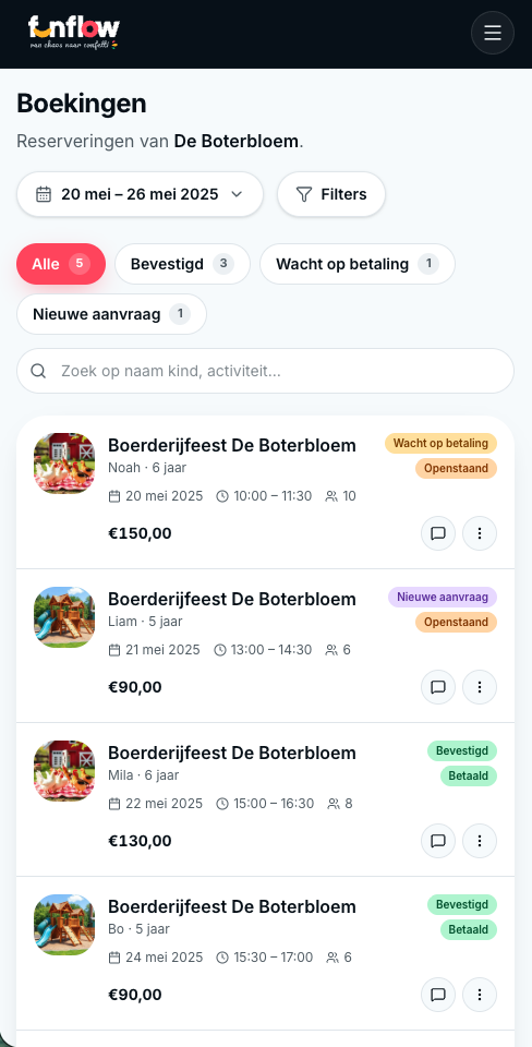 FunFlow boekingen overzicht